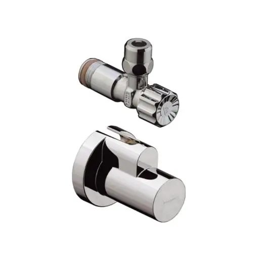 Eckventil aus verchromtem Material von Hansgrohe mit einem Schuber und Abgang, zur Verwendung in Sanitärinstallationen.